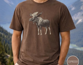 Maglietta Comfort Colors Vintage Moose Line Art, maglietta rustica con animali selvatici