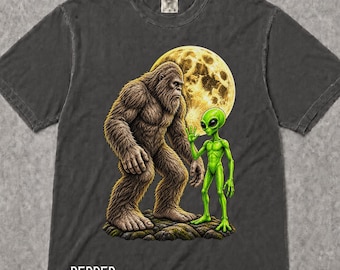 Bigfoot Alien Graphic Tee: Sasquatch UFO Moon Design (Distressed Finish)