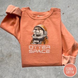 May include: A terracotta-colored sweatshirt featuring a graphic of an otter wearing an astronaut helmet. The text "OTTER SPACE" is printed below the otter. The sleeves are cuffed, and the sweatshirt is folded.