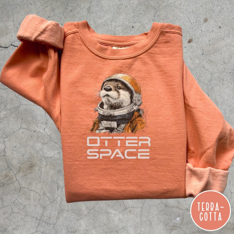 May include: A terracotta-colored sweatshirt featuring a graphic of an otter wearing an astronaut helmet. The text "OTTER SPACE" is printed below the otter. The sleeves are cuffed, and the sweatshirt is folded.