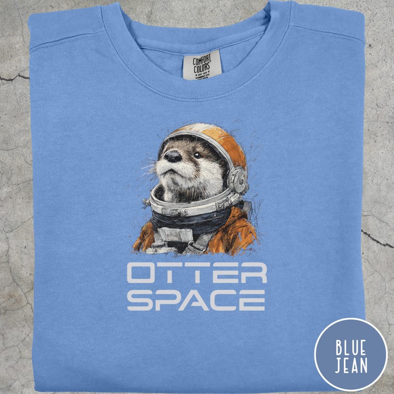 May include: Light blue sweatshirt with a graphic of an otter wearing an astronaut helmet and suit. The text "OTTER SPACE" is printed below the otter. A circular "BLUE JEAN" label is in the bottom right corner.