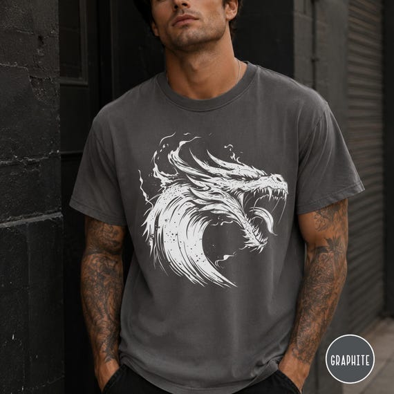 Roaring Dragon Head Ink Line Art Fantasy Graphic T Shirt Gothic