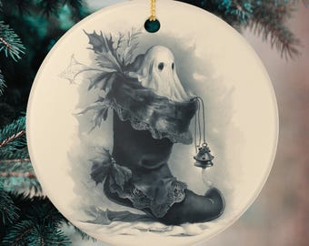 Victorian Ghost Christmas Ornament, Gothic Holiday Decor, Cottagecore Spooky Ceramic Decoration