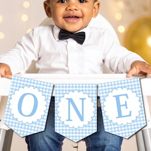 Blue & White Gingham Scallop ONE Highchair Banner First Birthday Decor, Printable Garland, Boy 1st Year Celebration, ONE Banner, DIY Bunting