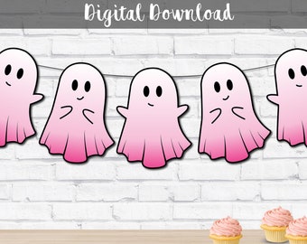 Banner de Halloween com fantasmas rosa degradê, Summerween, decoração de outono em tons pastel, guirlanda de Halloween, decoração de sala de aula, bandeirolas de fantasmas degradê, Halloween descolado