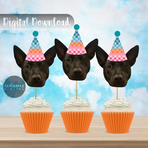 Haustier 1st Geburtstag Cupcake Topper, Checker Dog Partyhut, Benutzerdefinierte Hundedekoration Gesicht Topper, Retro Party Gesicht Dekoration für Welpen oder Katzen Geburtstag