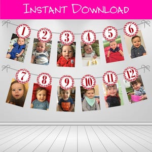 May include: A photo banner featuring twelve circular tags with red and white chequered borders, each displaying a number from 1 to 12. Each tag is attached to a photograph of a baby. The text Instant Download is printed in white at the top.