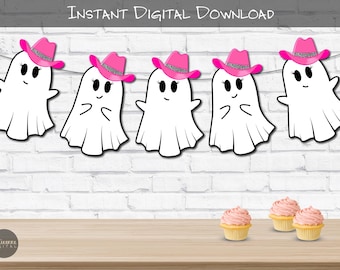 Banner de Halloween com Fantasma Fofo de Cowgirl, Decoração de Rodeio para o Verão, Guirlanda de Halloween, Decoração para Sala de Aula, Bandeirolas de Halloween Kawaii do Oeste