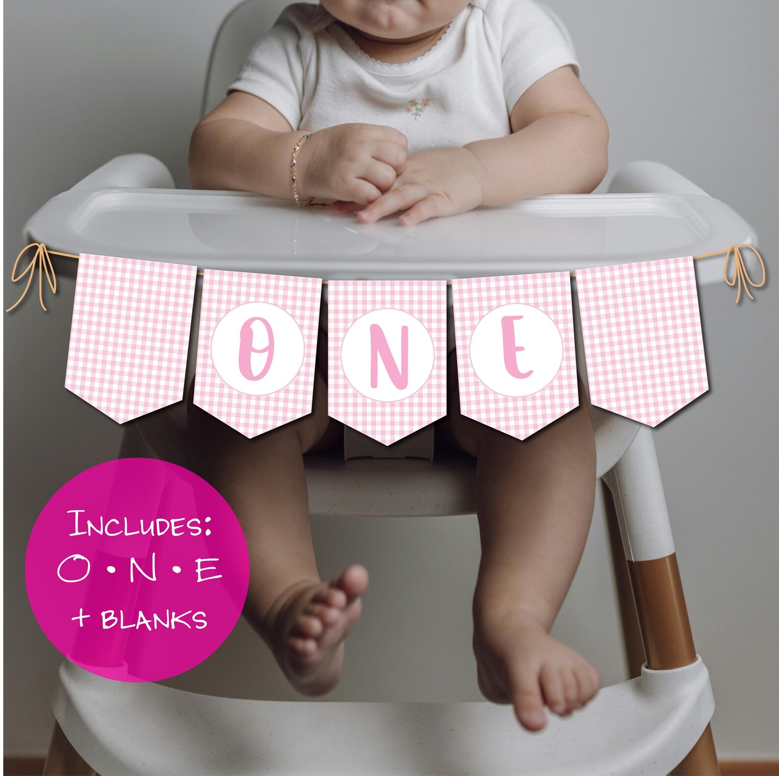 Pink & White Gingham ONE Highchair Banner for 1st Birthday, Printable ...