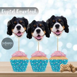 Dog Birthday Cupcake Toppers, Dog Face Toppers, Pet Birthday Decorations, Custom Pet Face, DIY, Printable Topper, Puppy Party, Dog Birthday