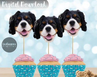 Dog Birthday Cupcake Toppers, Dog Face Toppers, Pet Birthday Decorations, Custom Pet Face, DIY, Printable Topper, Puppy Party, Dog Birthday