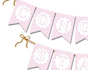 Pink & White Gingham Banner with Scallop, Editable Birthday Bunting for Girl Birthday or Baby Shower
