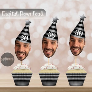 30th, 40th, 50th, 60th Birthday Party Hat Cupcake Topper, Custom Face Photo Party Hat Toppers, Black White Silver Party Hat, Printable