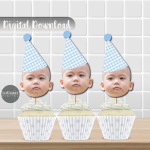 Adorno para cupcakes de primer cumpleaños con cuadros azules, adorno para tarta con cara de cuadros pastel, primer cumpleaños de niño, decoración de cumpleaños a cuadros, gorro de fiesta de cuadros