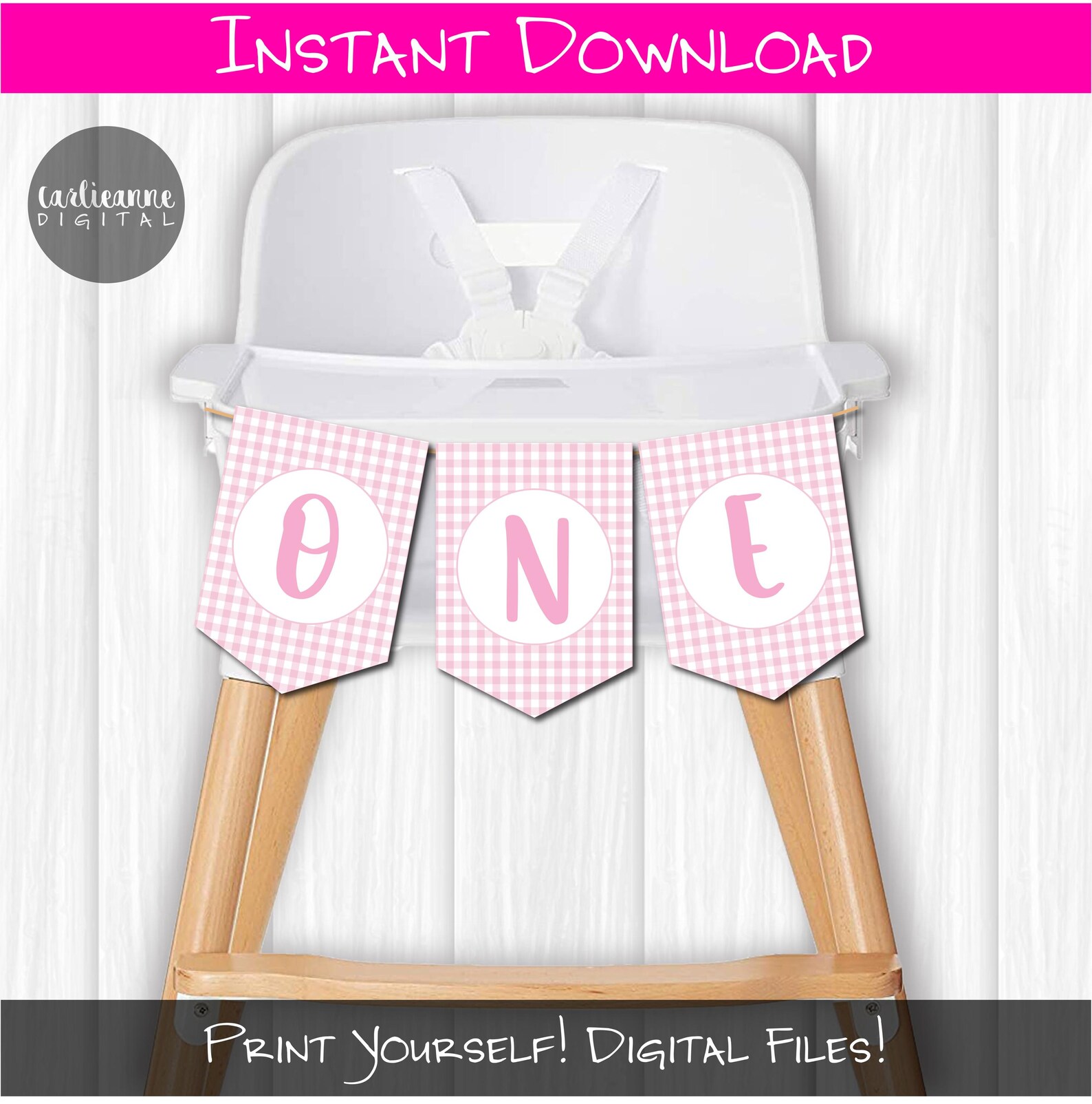 Pink & White Gingham ONE Highchair Banner for 1st Birthday, Printable ...