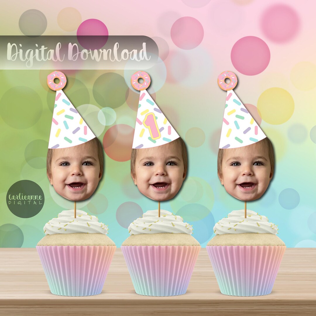 Sweet One Sprinkles 1st Birthday Face Cupcake Toppers, Pastel Sprinkle ...