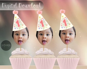 Wildflower 1st Birthday Cupcake Topper, Wild One Face Cake Topper, Girl 1st Birthday, She's a Wild Flower Birthday Decor, Floral Party Hat