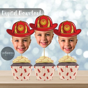 Firefighter Helmet Face Cupcake Topper, Fire Engine Theme Party, Fireman&#39;s Hat Face Decorations, Kids Fire Truck Theme Birthday Topper
