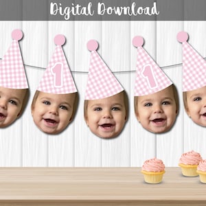 Pink Gingham 1st Birthday Face Banner, Pastel Gingham Face Garland, Girl 1st Birthday, Plaid Birthday Decor, Gingham Party Hat