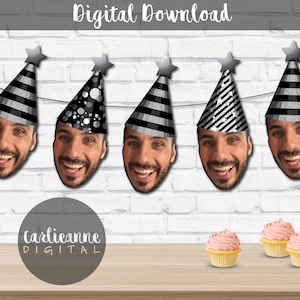 Face Decoration Party Hat Banner, Custom Face Photo Wearing Black White Silver Party Hat DIY Birthday Banner, DIY Printable Face Banner