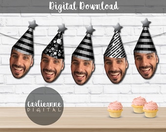 Face Decoration Party Hat Banner, Custom Face Photo Wearing Black White Silver Party Hat DIY Birthday Banner, DIY Printable Face Banner