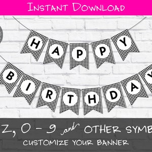 Può includere: Striscione a scacchi bianco e nero con le parole "Happy Birthday" in cerchi bianchi su sfondo nero. Lo striscione è personalizzabile con lettere, numeri e simboli.