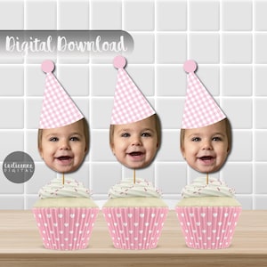 Pink Gingham 1st Birthday Cupcake Topper, Pastel Gingham Face Cake Topper, Girl 1st Birthday, Plaid Birthday Decor, Gingham Party Hat