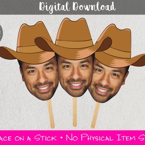 Cara de novio con sombrero de vaquero en un palo, decoraciones faciales, cara de novio en un palo, decoraciones para despedidas de soltera, decoración para despedidas de soltera o despedidas de soltera con temática del oeste
