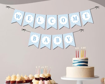 スカラップ模様の青と白のギンガムチェックのバナー。男の子の誕生日やベビーシャワーにぴったりの編集可能なバースデーバナーです。