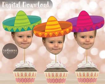 Sombrero cupcake topper, fiesta verjaardagsfeestje, eerste fiesta, Mexicaanse fiesta foto cupcake prikkers, sombrero aangepaste gezichtsfoto, doe-het-zelf topper