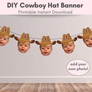 Mijn eerste rodeo verjaardagsbanner met cowboygezicht, themafeestje voor je eerste rodeo, sjabloon voor zelfgemaakte gezichtsdecoraties voor een verjaardag met westernthema