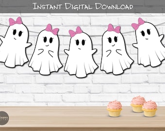 Banner de Halloween fofo com laço rosa de fantasminha, decoração de outono em tons pastel, guirlanda de Halloween, decoração de sala de aula, bandeirolas kawaii de Halloween, Summerween