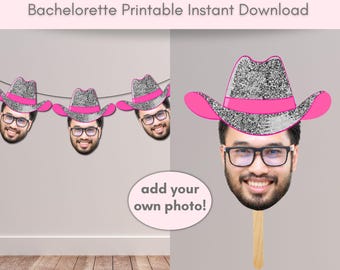 Selbstgemachte Disco-Cowboyhut-Gesichtsbanner und Gesichtsstab für den Junggesellinnenabschied im Western-Stil