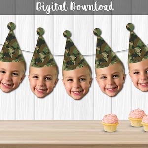 Camouflage Banner, Camo Party Hat Face Banner for Military Theme Birthday, Army Theme Party, Camo Print Birthday Garland, Face Decoration