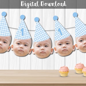 Blau Vichykaro 1. Geburtstag Gesicht Girlande, Junge 1. Geburtstag, Karierte Geburtstagsdeko, Gingham Partyhut, Baby Blau