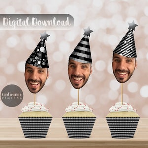 Party Hat Cupcake Topper, Custom Face Photo Party Hat Toppers, Black White Silver Glitter Party Hat, DIY Topper, Printable Face Decor