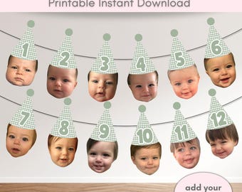 Guirnalda de hitos de 12 meses en verde salvia a cuadros para la celebración del primer cumpleaños del bebé, plantilla para guirnalda de fotos DIY, banderín con caras de gorro de fiesta del primer año.