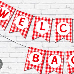 Red & White Gingham Custom Banner, Picnic, Farm Theme Party Decor, Plaid Garland, Printable Birthday Bunting, Custom Pennant Letter Flags
