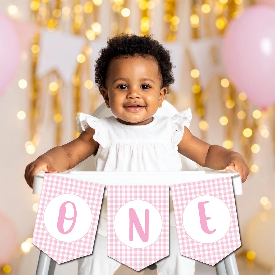 Pink & White Gingham ONE Highchair Banner for 1st Birthday, Printable ...