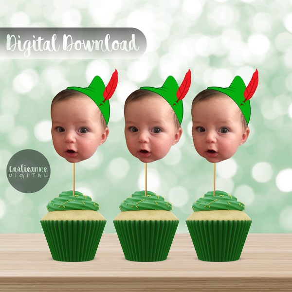 Peter Pan Hat First Birthday Photo Face Cupcake Topper for Boy Birthday Party Decor, Custom Face Photo, DIY Cupcake, Printable, 1st Birthday