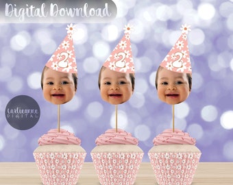 Daisy Party Hat Cupcake Topper, 2nd Birthday Retro Two Groovy Birthday Party Hat Cupcake, Custom Face Decor, Milestone Birthday, Printable