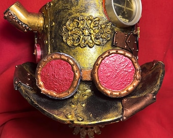 Handgemaakte steampunk-hoge hoed: bril, tandwielen en meterdetails