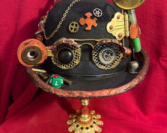 Steampunk Bowler Hat with Goggles, Gears & Mad Scientist Details