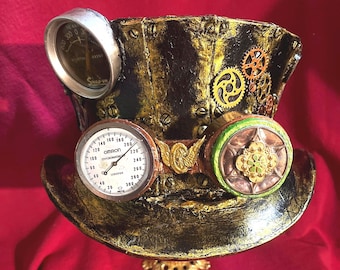 Sombrero de copa Steampunk hecho a mano: engranajes, gafas y viajero en el tiempo.