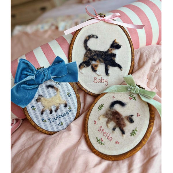 Handmade CUSTOM Pet Portrait Cat Heirloom Nursery baby keepsake gift Decor Art embroidered Wall hanging needle felted animal pet loss