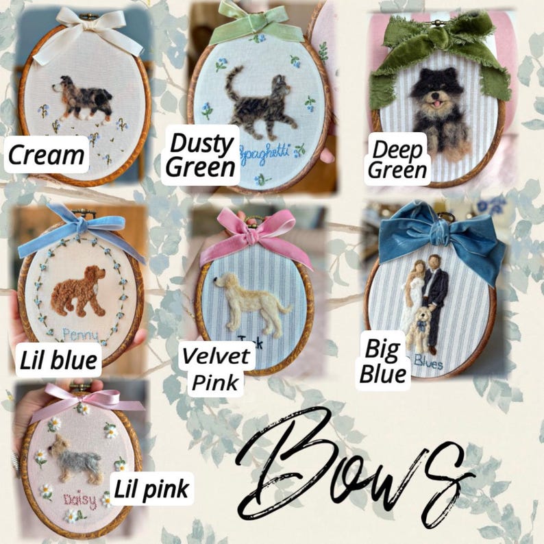 May include: A collection of seven oval embroidery hoops featuring needle-felted portraits of dogs and a cat, each adorned with a decorative fabric bow. The hoops display various fabric backgrounds, including cream, striped, and floral patterns with names.