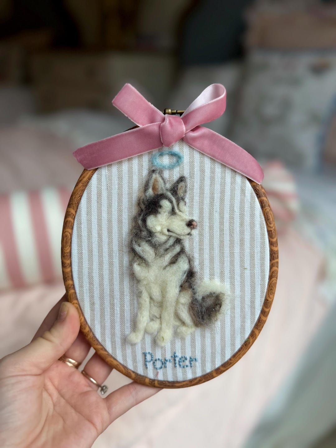 Handmade CUSTOM Pet Portrait Husky Dog Cat Heirloom nursery framed needle felted embroider personalize keepsake pet lover gift