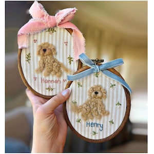 Handmade CUSTOM Pet Portrait Golden Doodle Dog Cat Heirloom Nursery Art Decor Baby gift Keepsake framed needle felted embroidered wall hang image 1