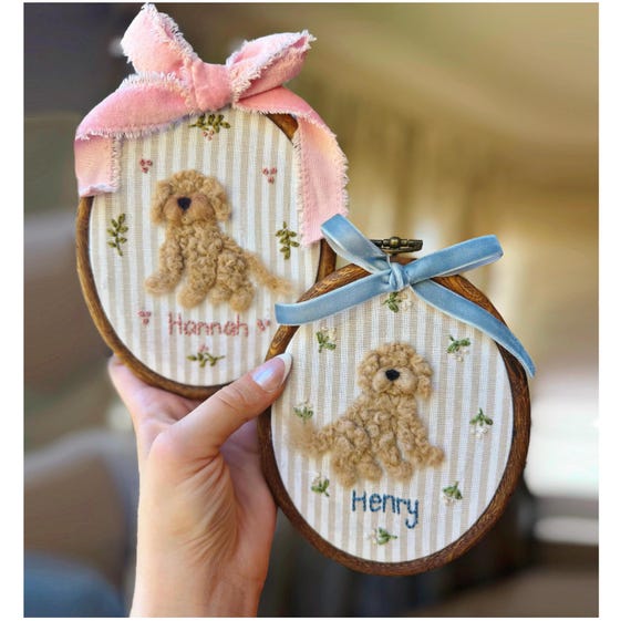 Handmade CUSTOM Pet Portrait Golden Doodle Dog Cat Heirloom Nursery Art Decor Baby gift Keepsake framed needle felted embroidered wall hang