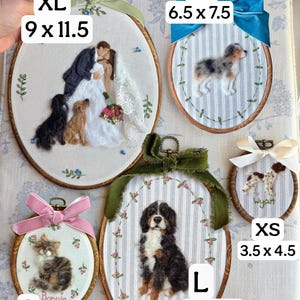 May include: Five oval embroidery hoops featuring needle-felted portraits of pets and a wedding couple. Sizes include XL 9x11.5 inches, L 7x9.5 inches, M 6.5x7.5 inches, S 5x6 inches, and XS 3.5x4.5 inches, each adorned with a decorative fabric ribbon.